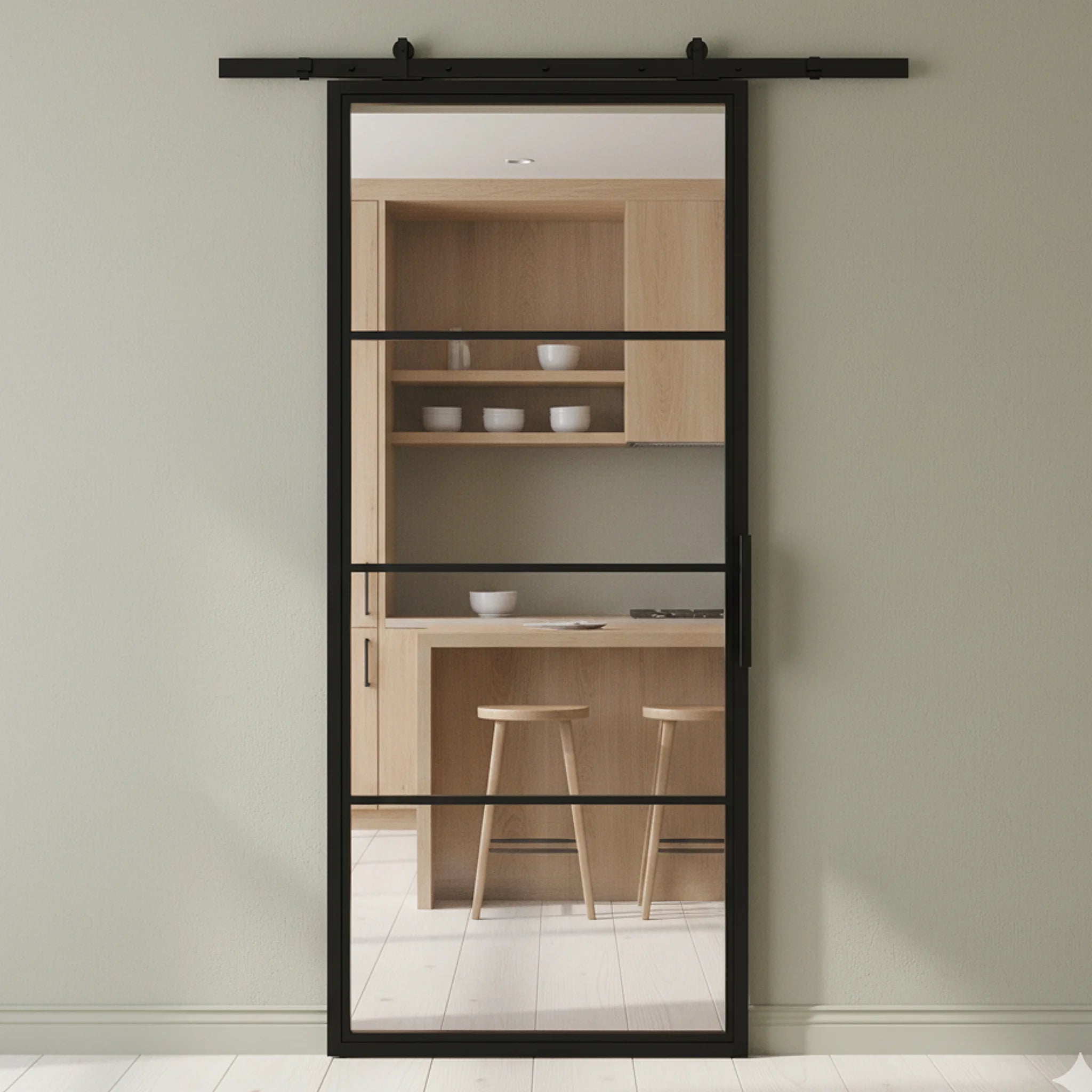 4 Lite Interior Steel French Barn Door Frosted Glass Modern Line - Alpada Doors