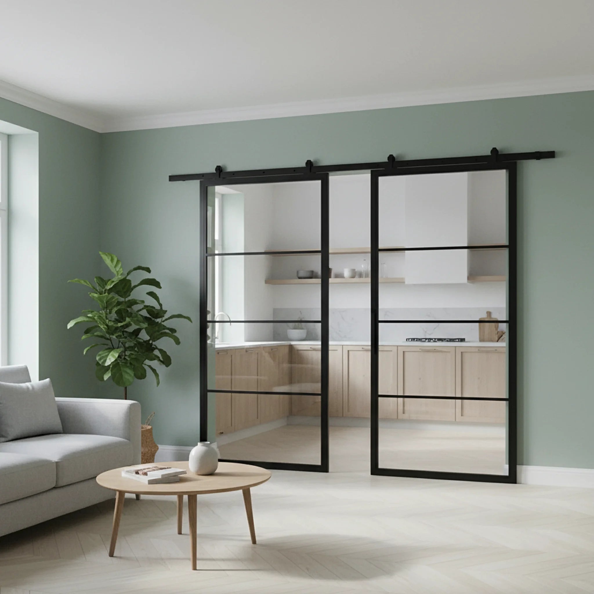 4 Lite Interior Steel French Double Barn Door Modern Line - Alpada Doors