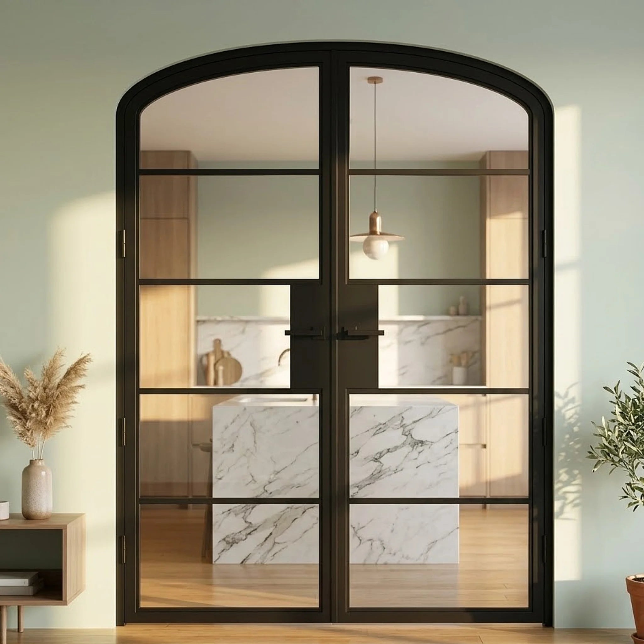 5 Lite Interior Steel Arched Top French Double Door Modern Line - Alpada Doors