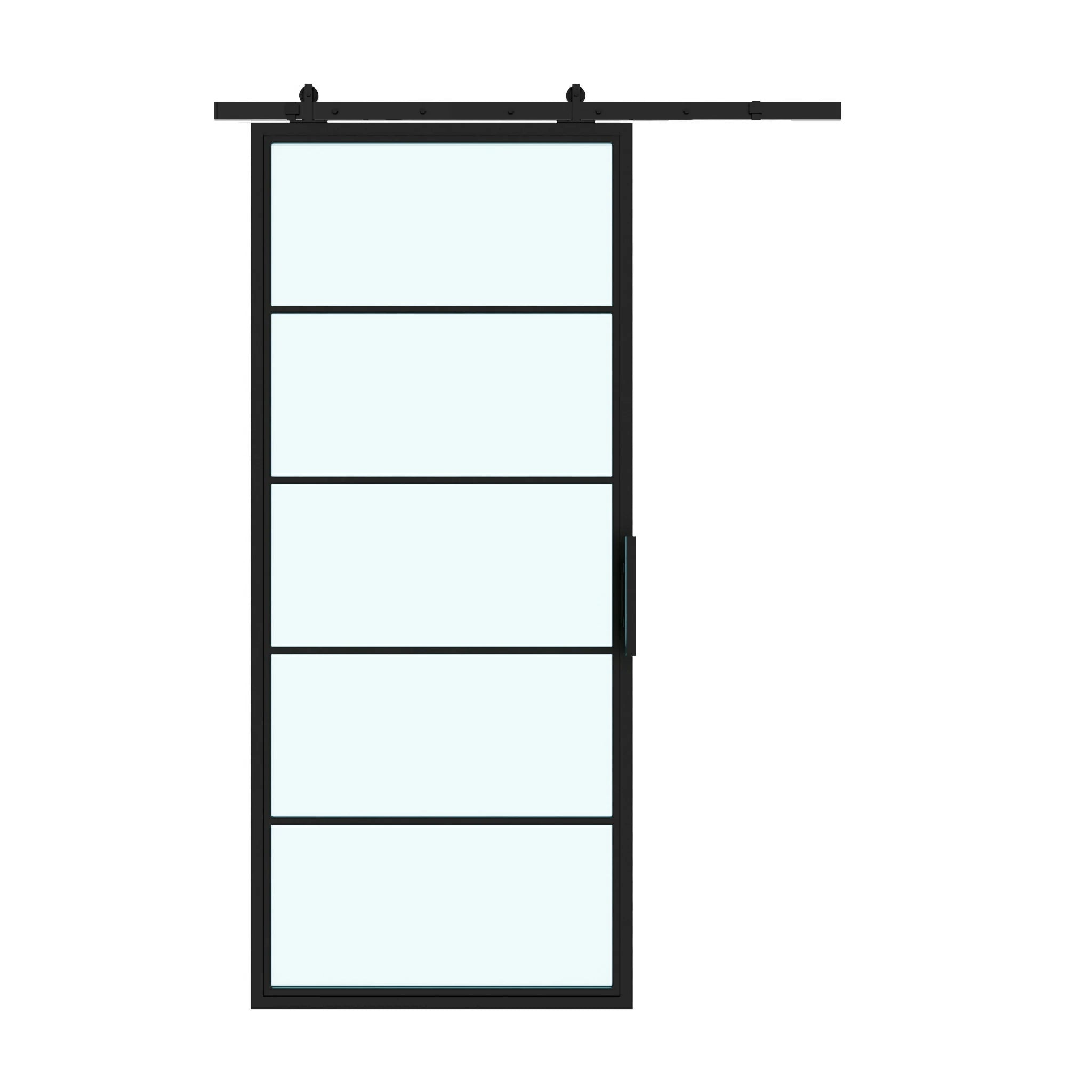 5 Lite Interior Steel Barn Door Frosted Glass Slide left