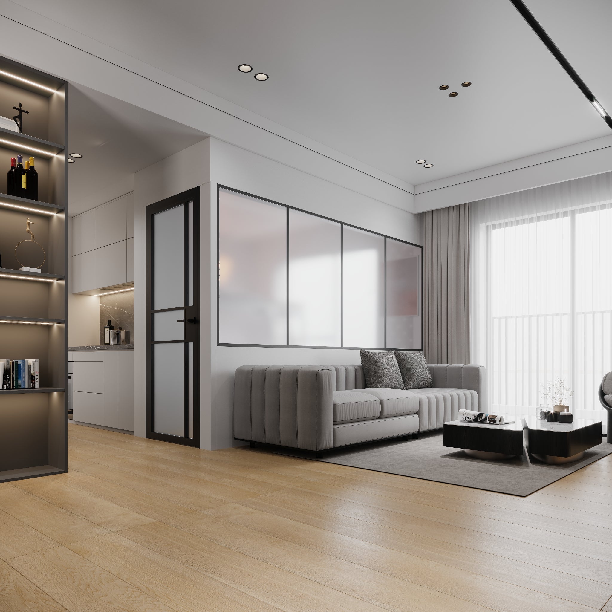 5 Lite Interior Steel Door with Right Offset Asymmetrical Grid Frosted Glass in Interior