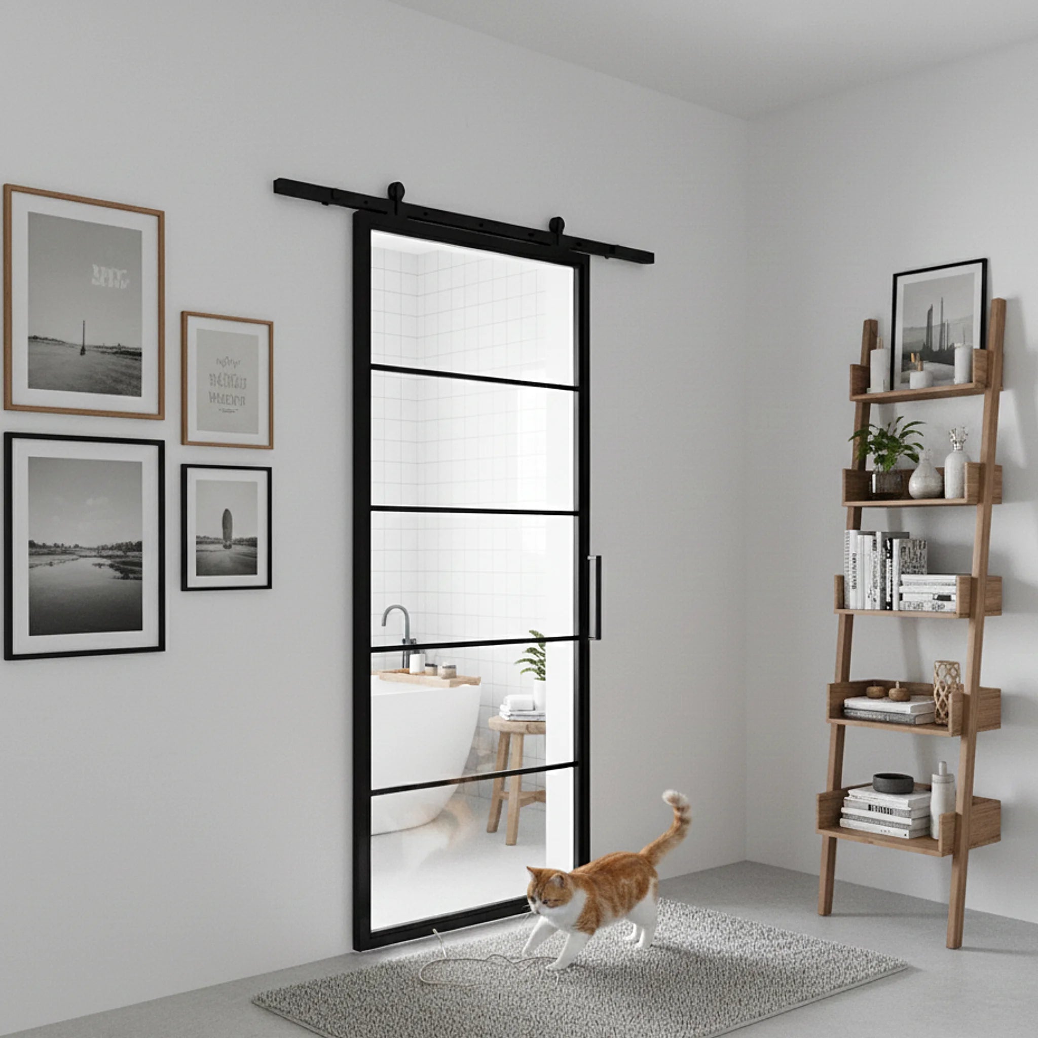 5 Lite Interior Steel French Barn Door Frosted Glass Modern Line - Alpada Doors
