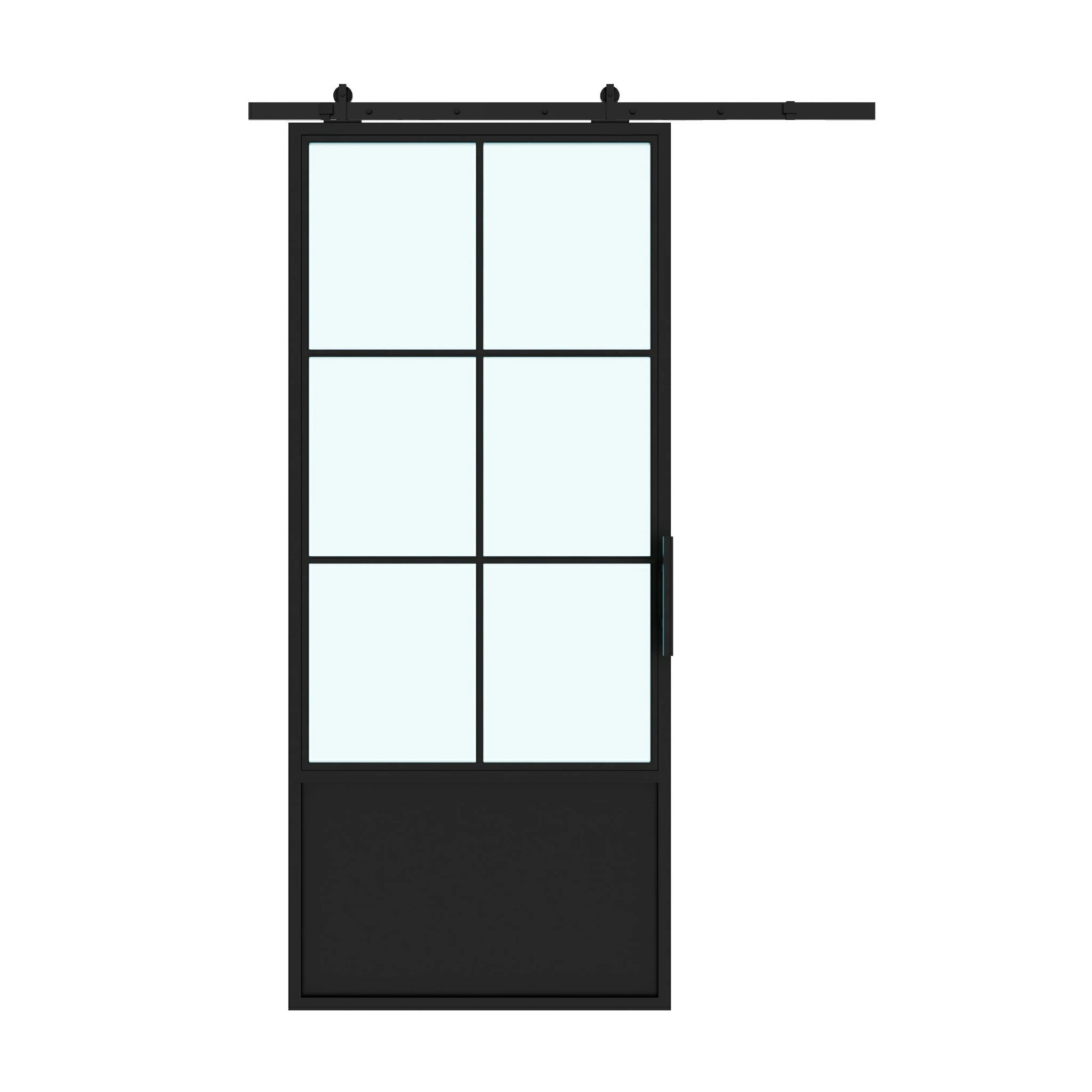 6 Lite Interior Barn Door with Steel Panel Frosted Glass Slide left