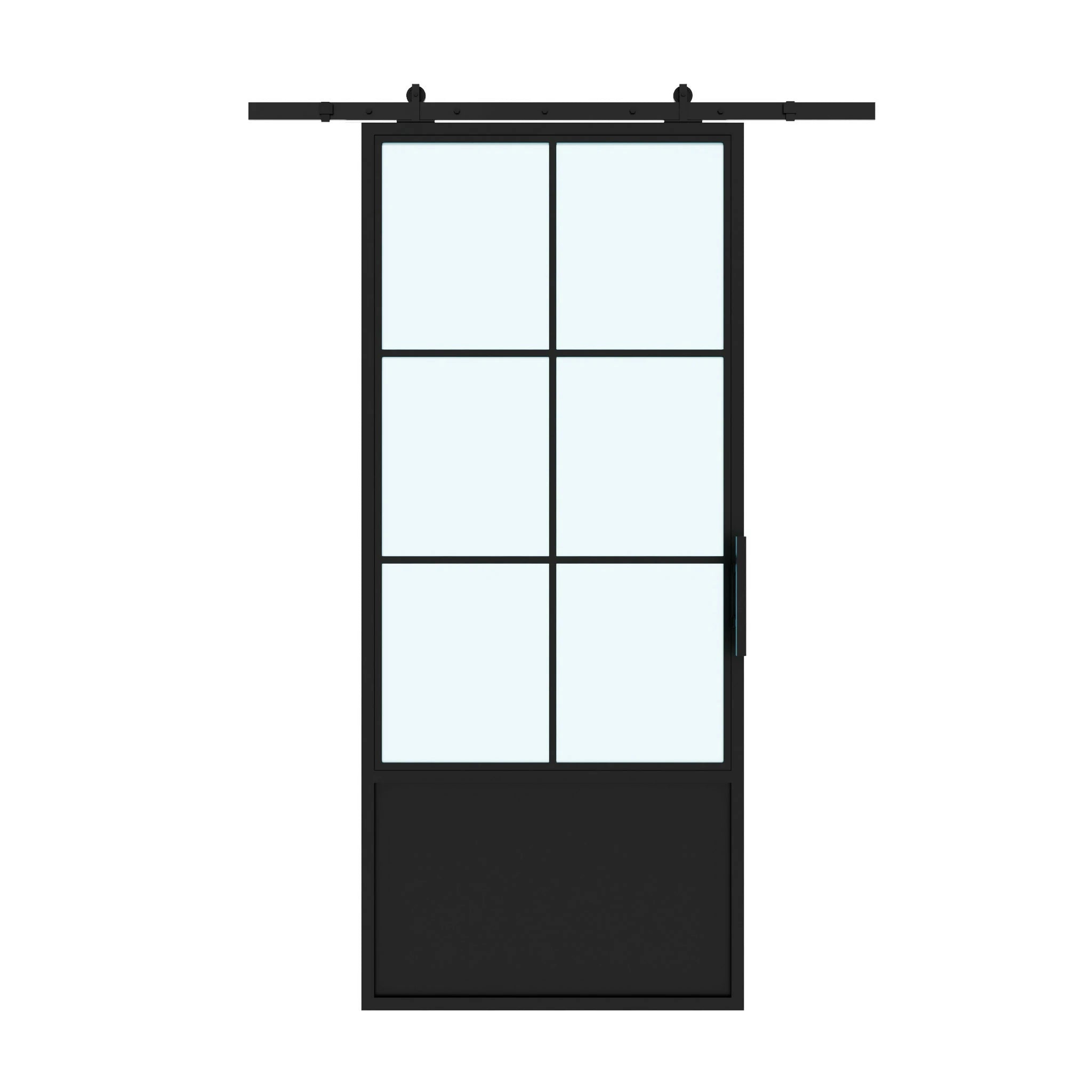 6 Lite Interior French Barn Door w/ Steel Panel Frosted Glass - AlpadaDoors - Interior single barn door