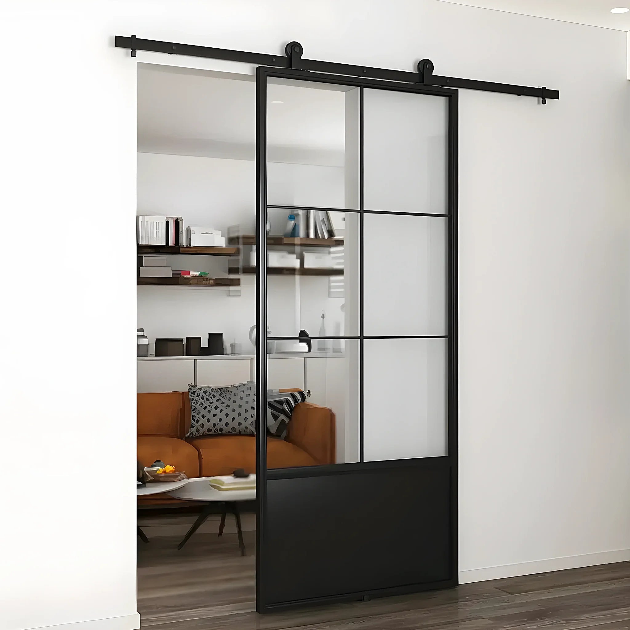 6 Lite Interior French Barn Door w/ Steel Panel Frosted Glass - AlpadaDoors - Interior single barn door