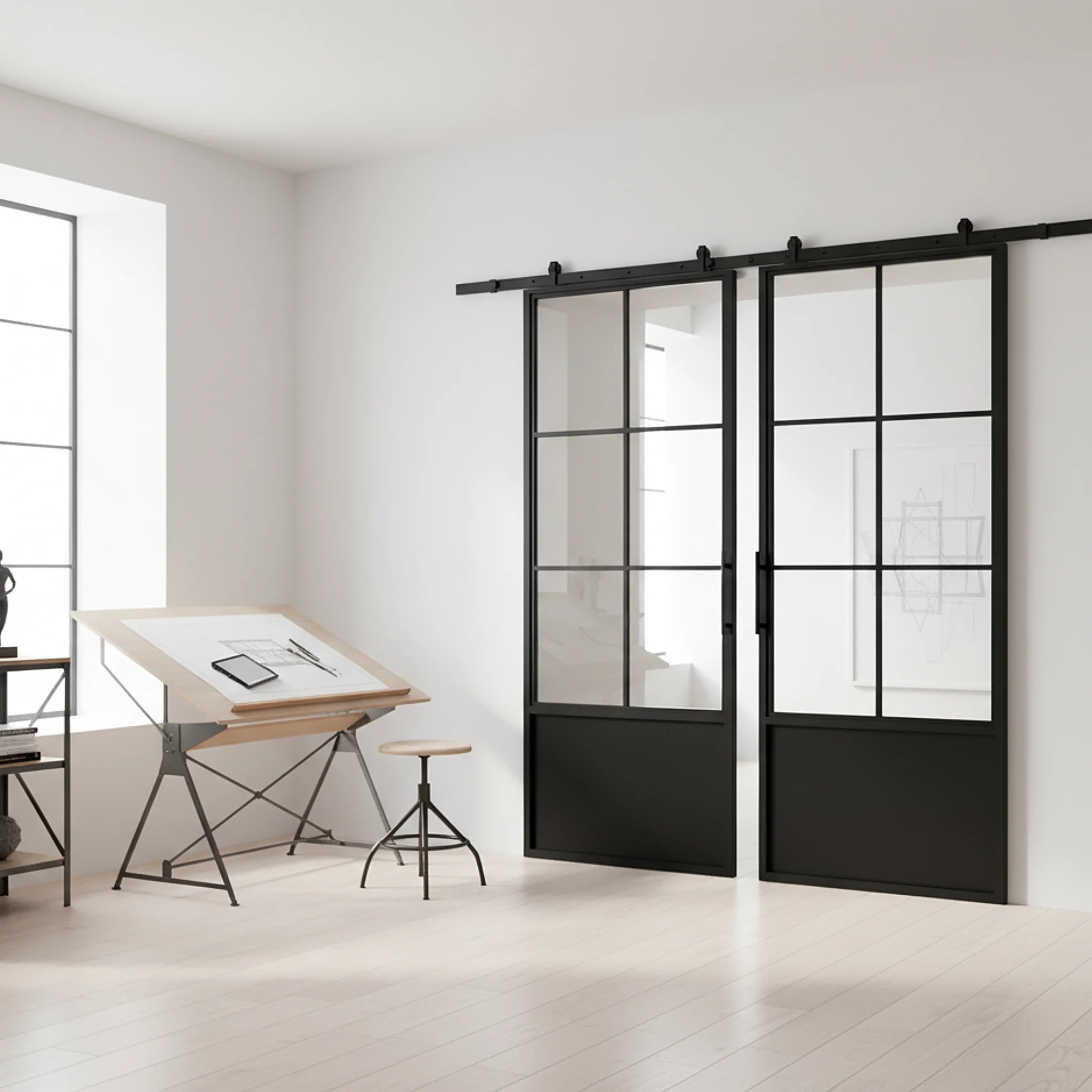 6 Lite Interior French Double Barn Door Steel Panel Classic Grid - Alpada Doors