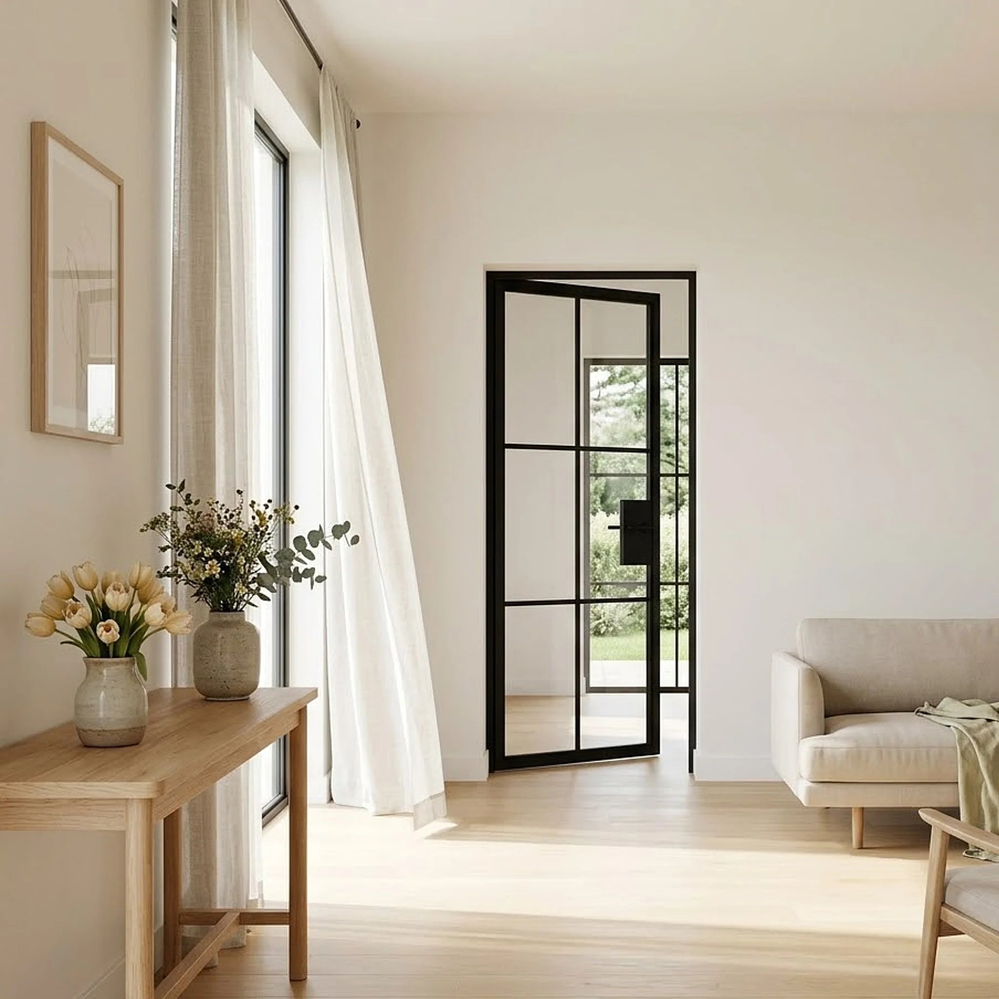 The Alpada 6 Lite Steel French Door with Lock from our Classic Grid collection. Six symmetrical glass panels in a traditional grid pattern, steel frame. Transforms any room in one install.