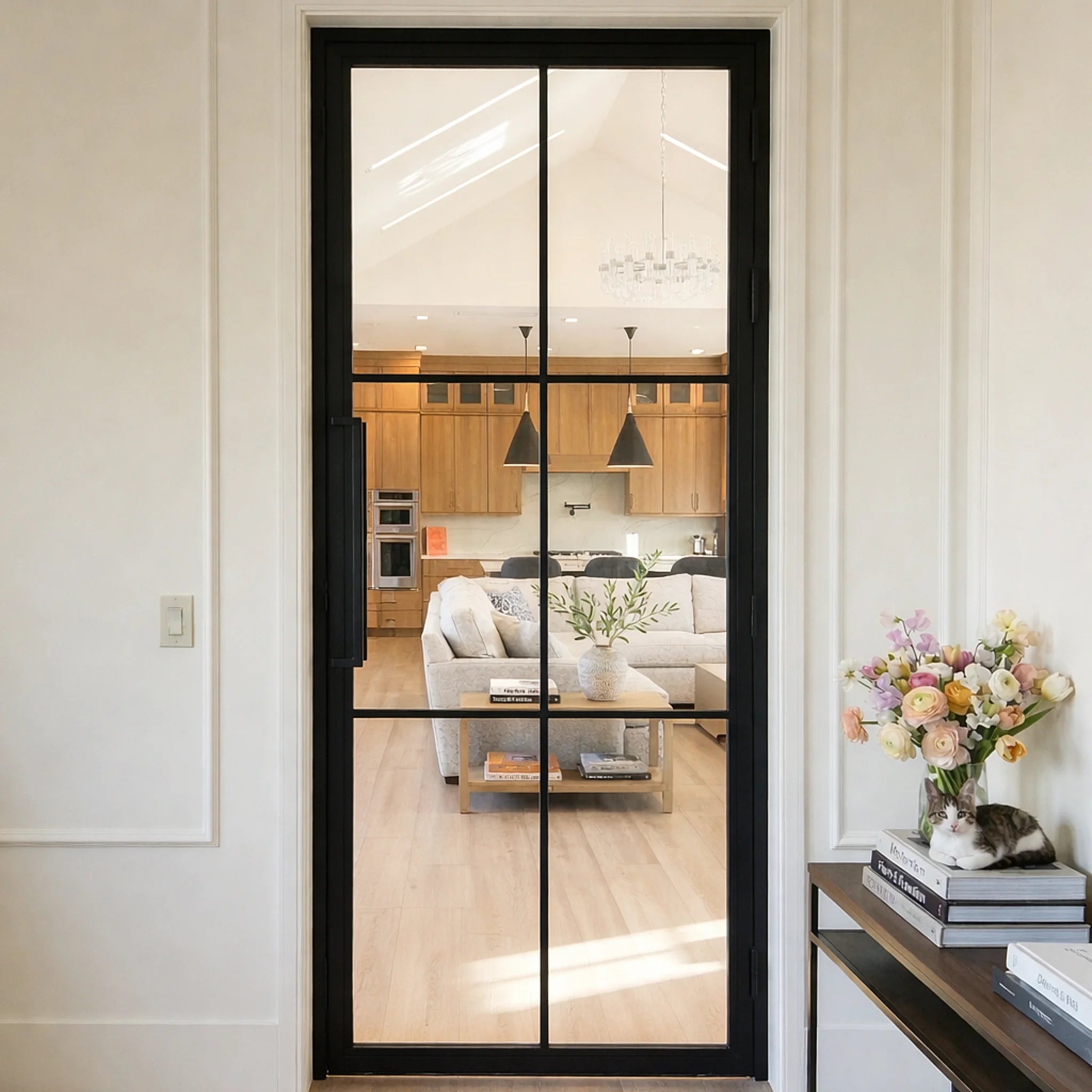 6 Lite Interior Steel French Door - Clear Glass With Tall Pull Handle
