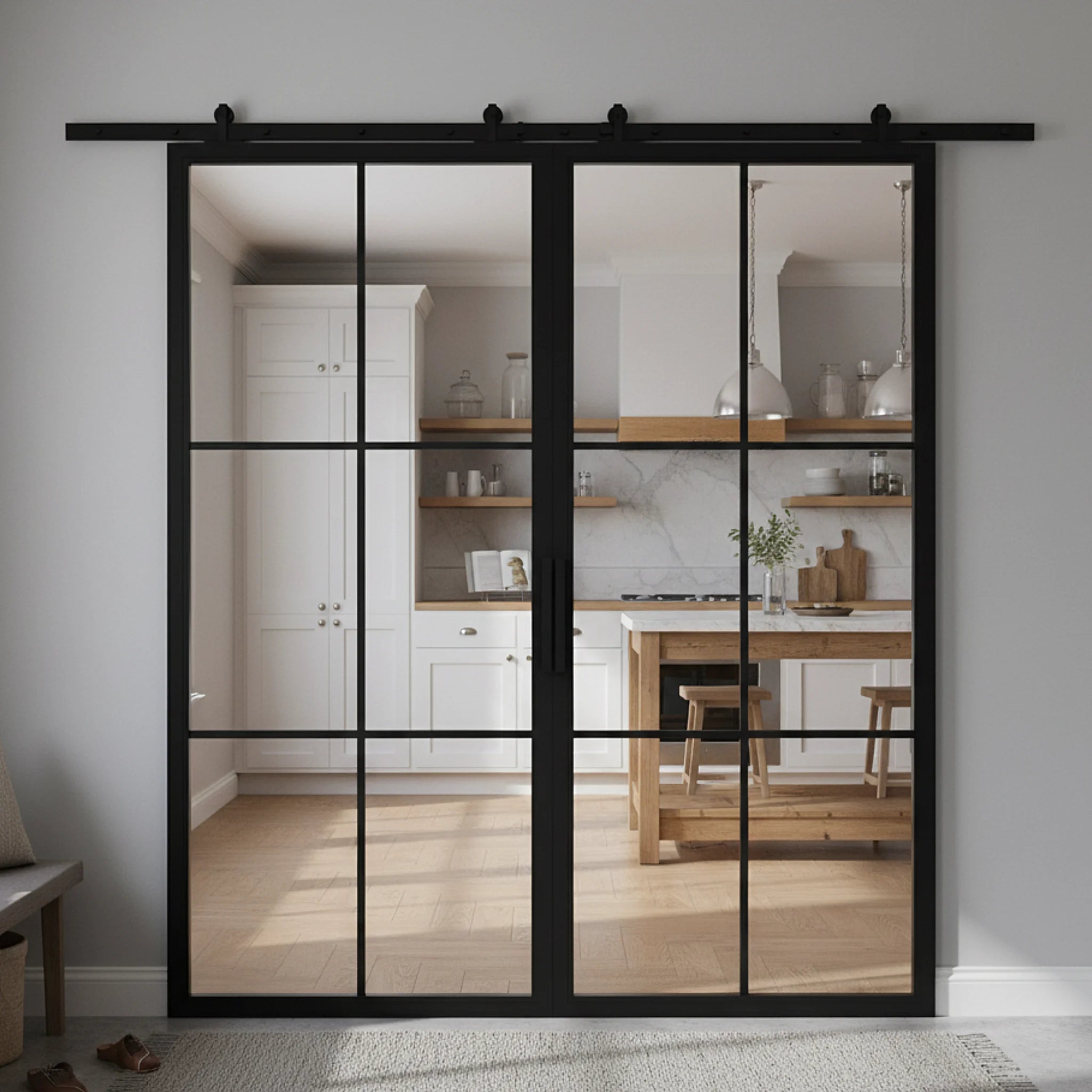 6 Lite Interior Steel French Double Barn Door Classic Grid - Alpada Doors
