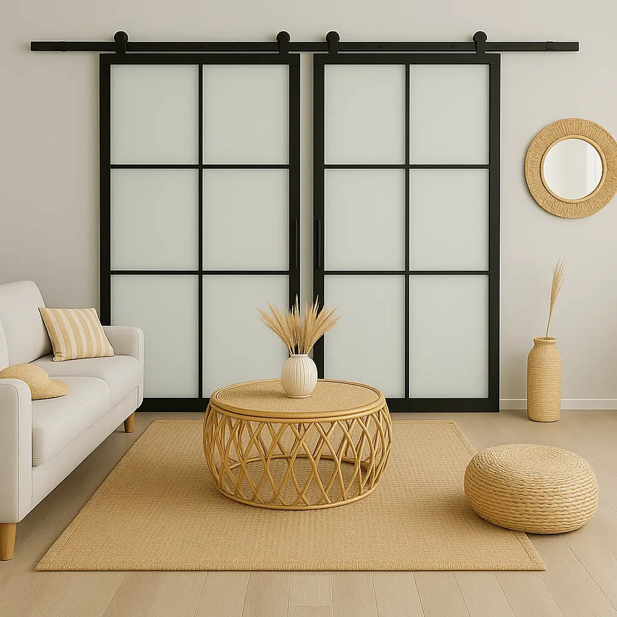 6 Lite Interior Steel French Double Barn Door Frosted Glass - AlpadaDoors - Interior double barn door