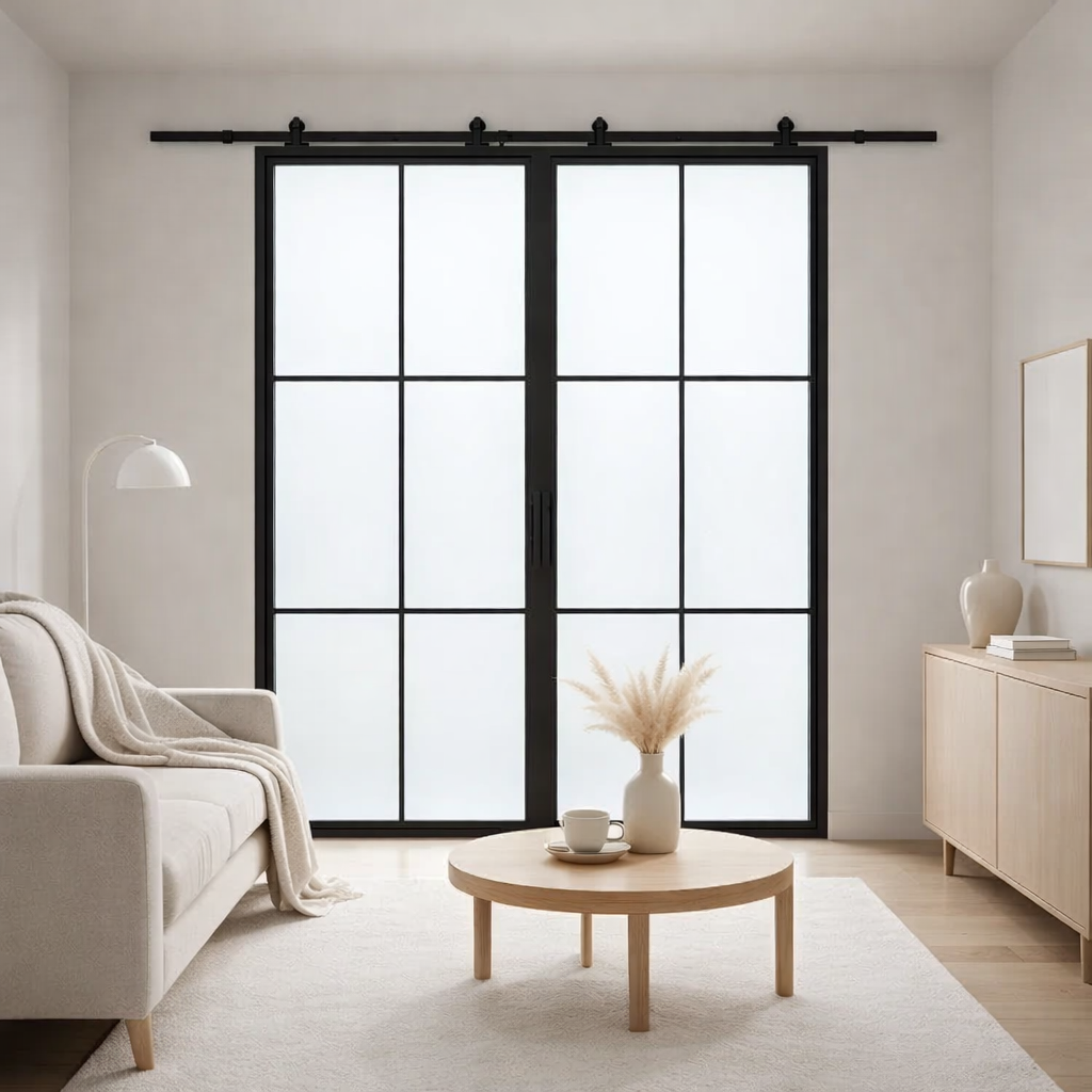 6 Lite Interior Steel French Double Barn Door Frosted Glass