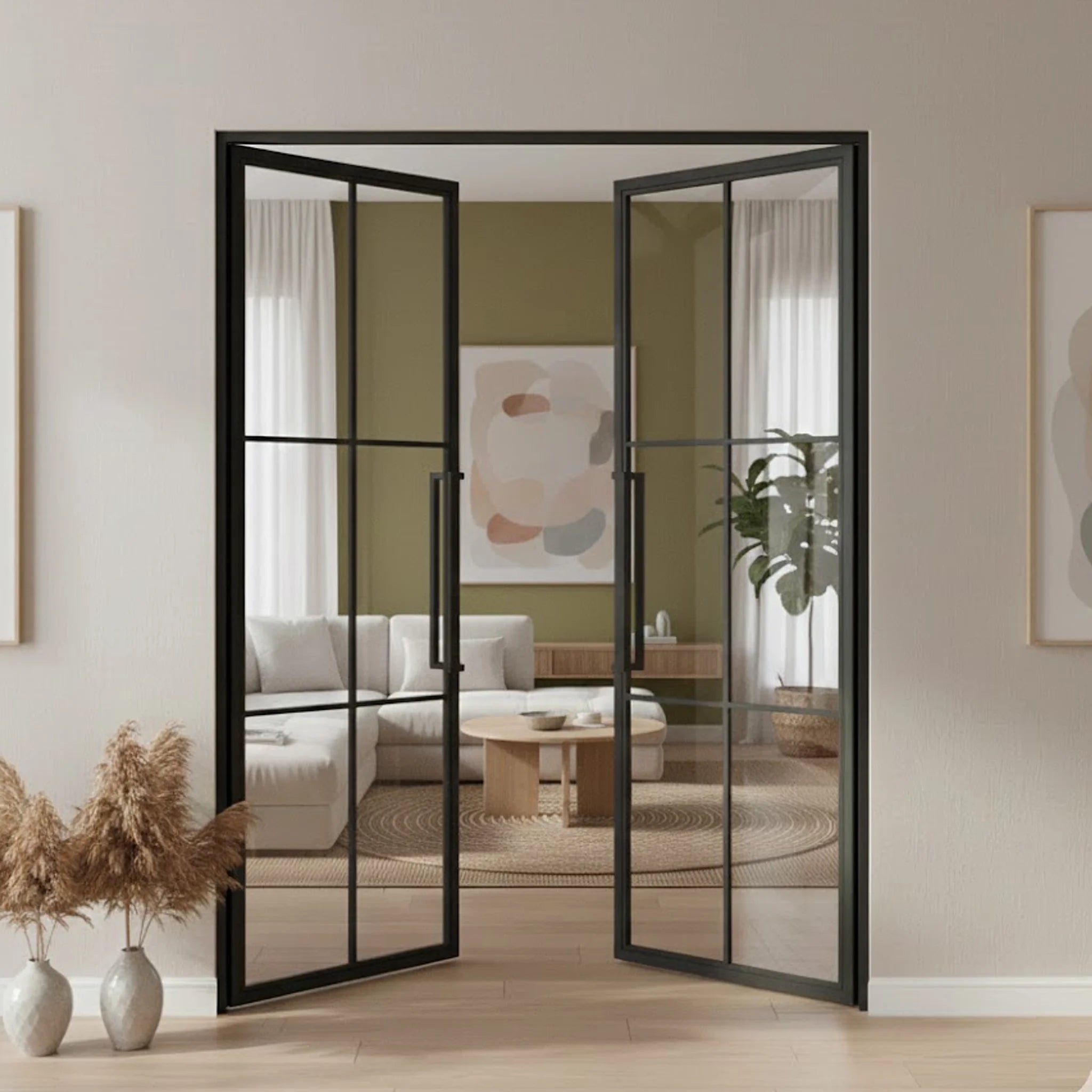 6-lite interior iron and glass French double door with tall pull handles, both doors open into beige living room