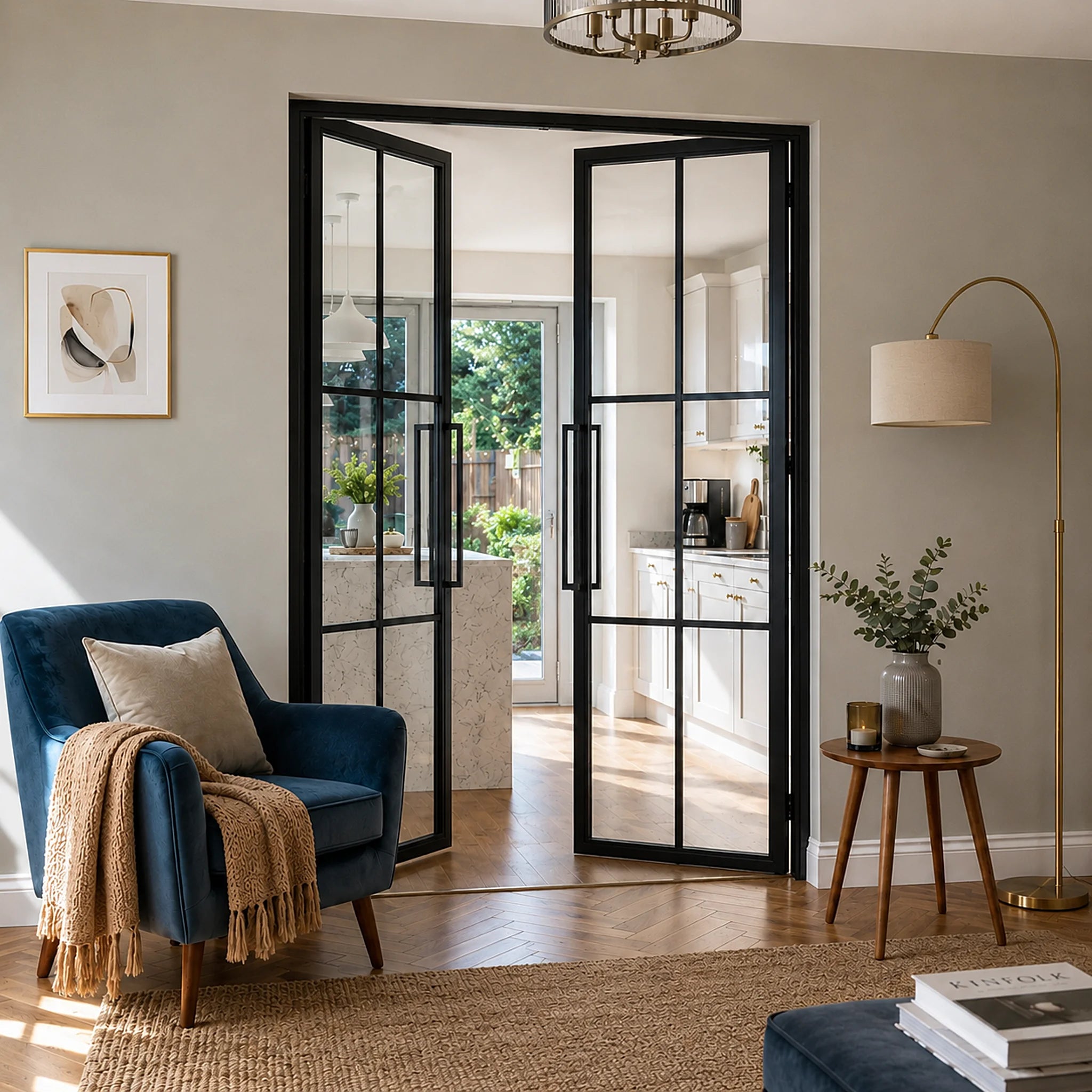 6-lite black steel French double door with tall pull handles, open toward kitchen with garden view