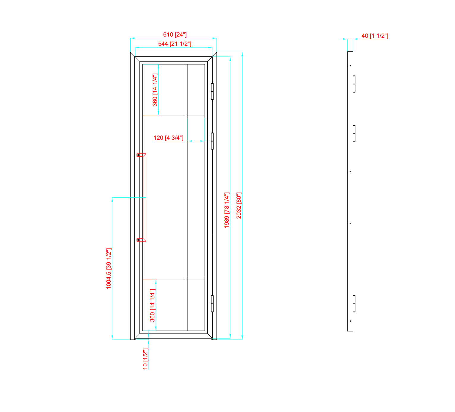 6 Lite Interior Steel Door Outward - Gray Glass with Tall Pull Handle - 24"x 80"