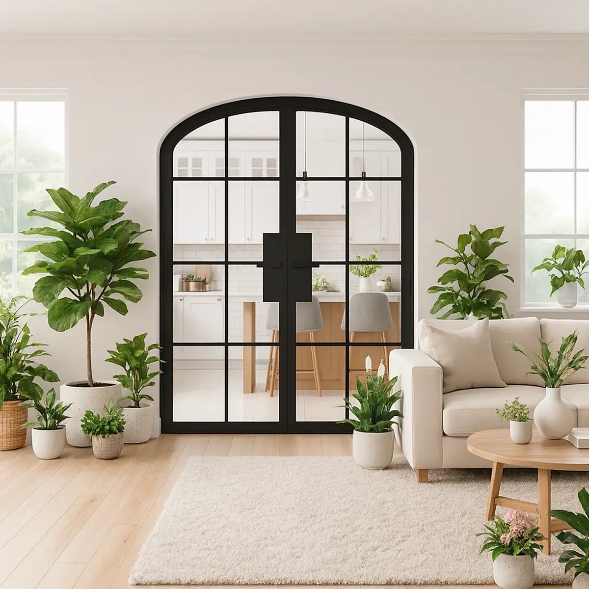 8 Lite Interior Steel Arched Top French Double Door | Classic Grid