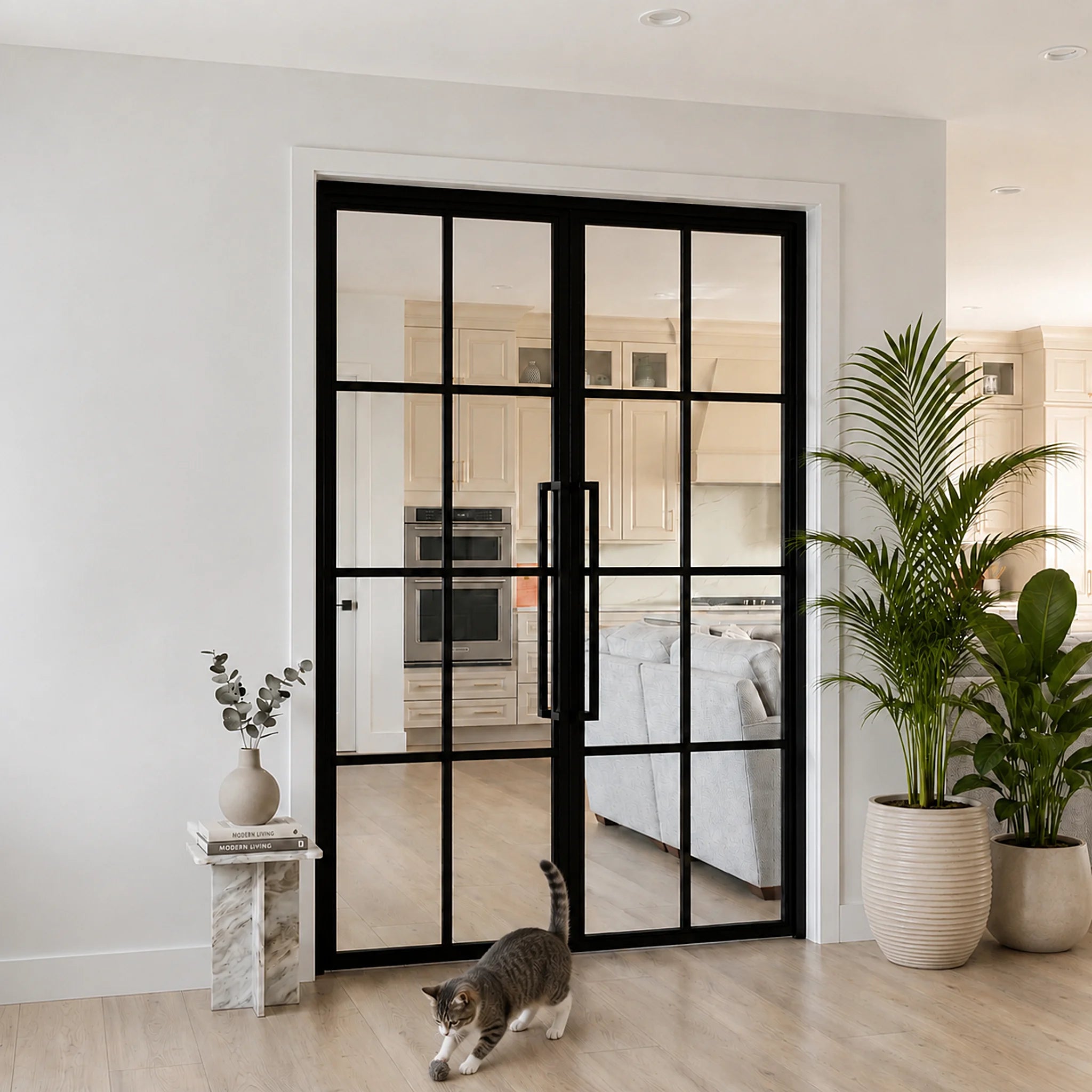 8-lite interior iron French double door with clear glass and classic grid, black frame, closed between kitchen and living room