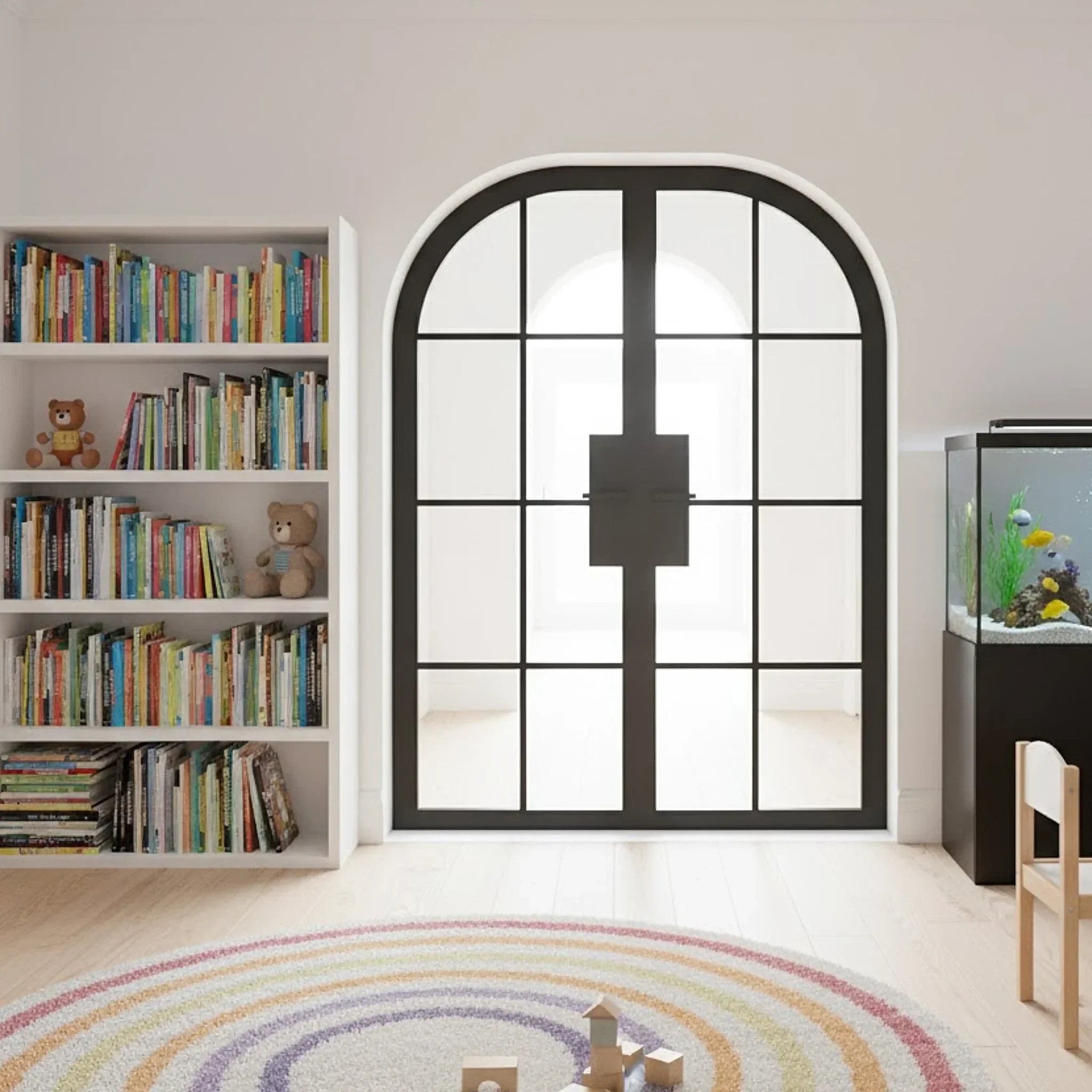 8 Lite Interior Steel Round Top French Double Door