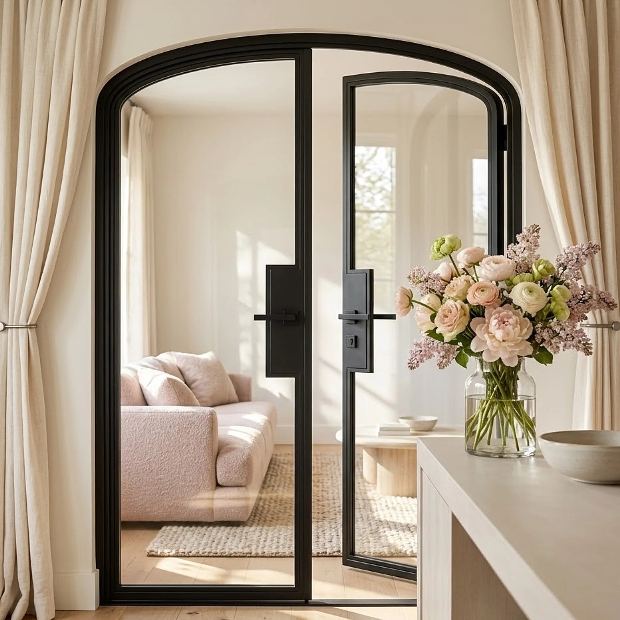 Full Lite Interior Steel Arched Top French Double Door Modern Line - Alpada Doors
