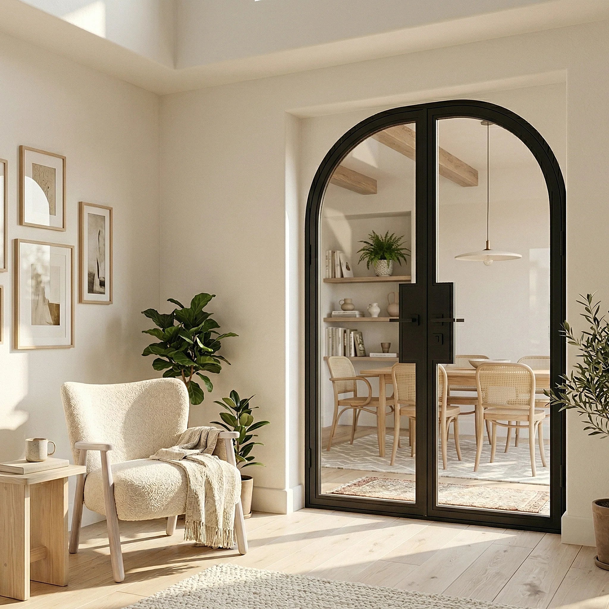 Full Lite Interior Steel Round Top French Double Door
