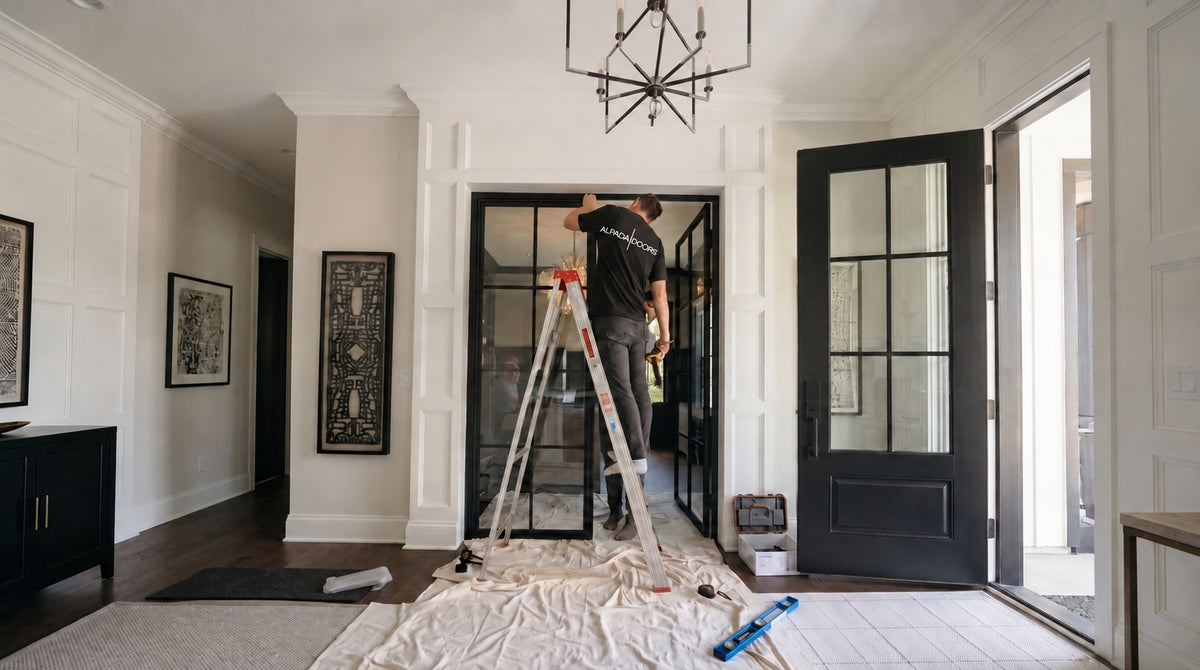 Alpada installer fitting black steel and glass double doors in a bright foyer