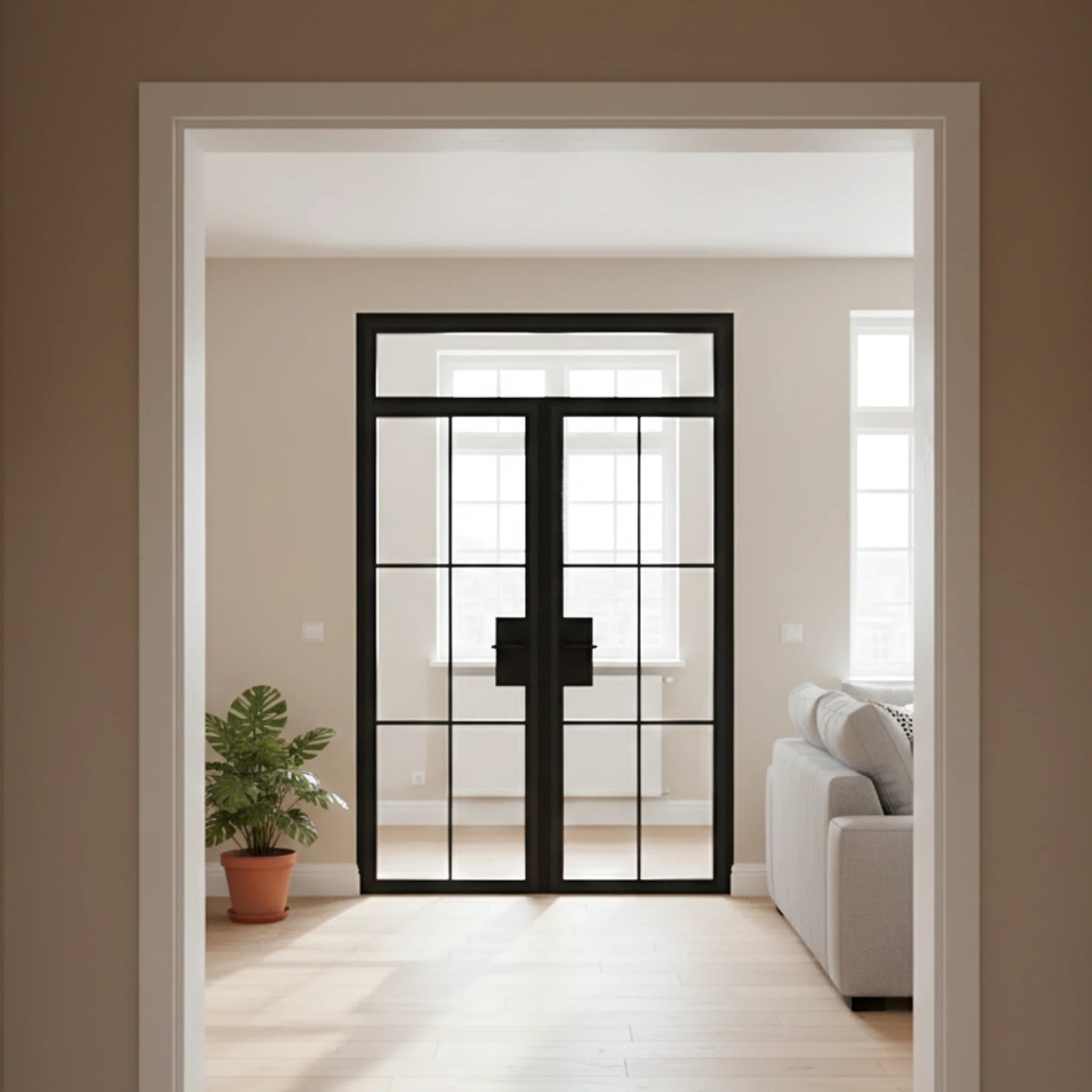 Interior Steel Glass Double Door Transom Classic Grid - Alpada Doors