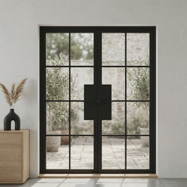 8 Lite Entryway Steel French Double Door - AlpadaDoors - Exterior double swing door