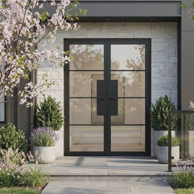 4 Lite Entryway Steel French Double Door - AlpadaDoors - Exterior double swing door