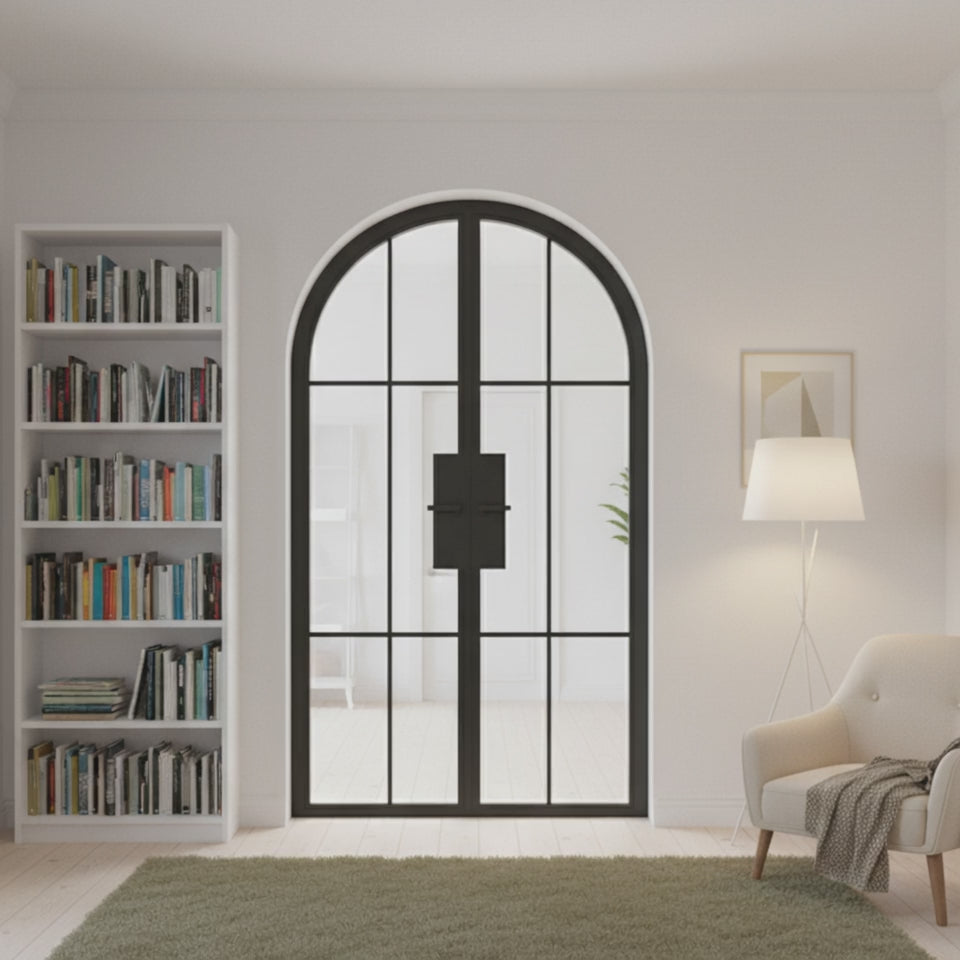 6 Lite Interior Steel Round Top French Double Door