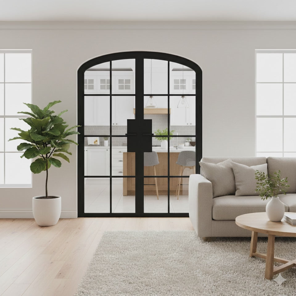 8 Lite Interior Steel Arched Top French Double Door