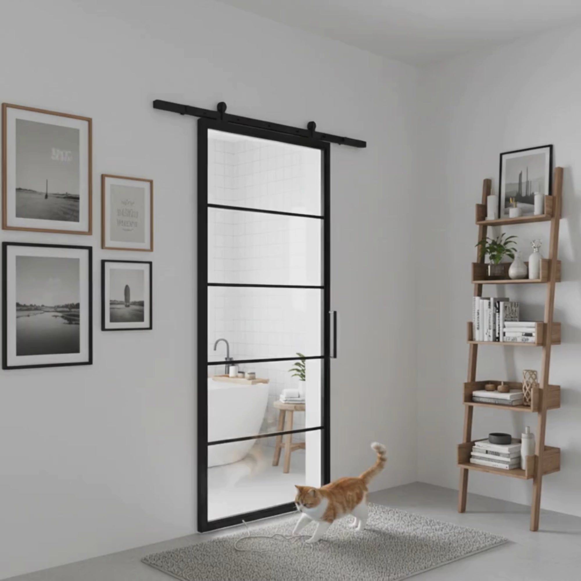 5 Lite Interior Steel French Barn Door Frosted Glass