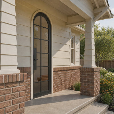 12 Lite Arched Single Front Door - steel and glass front door animated view - Alpada Doors