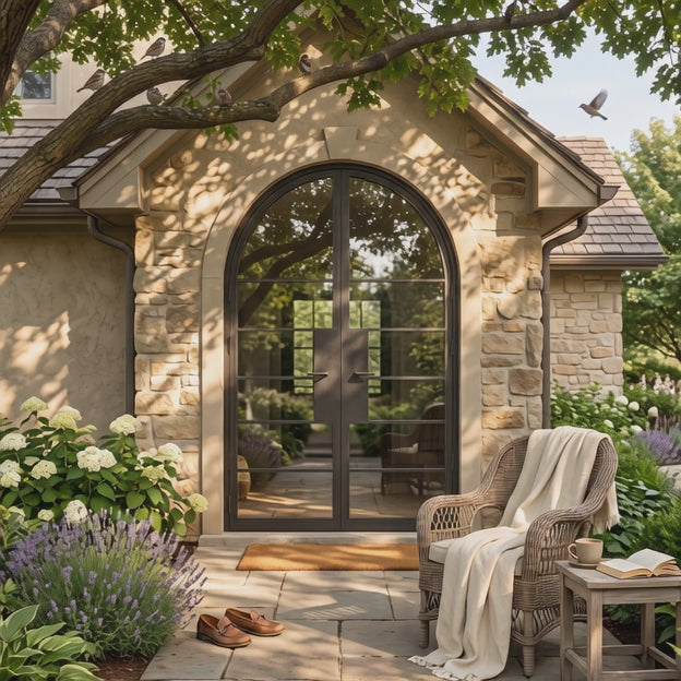 6 Lite Round Top Double Front Door - steel and glass front door animated view - Alpada Doors