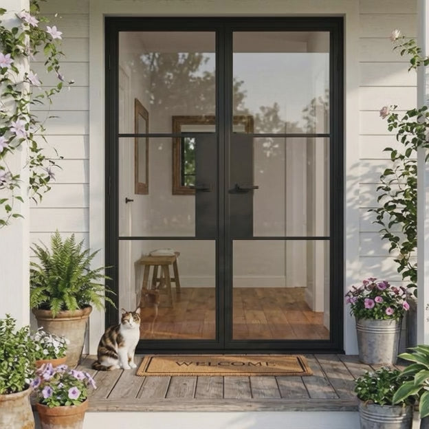 3 Lite Entryway Steel French Double Door - AlpadaDoors - Exterior double swing door