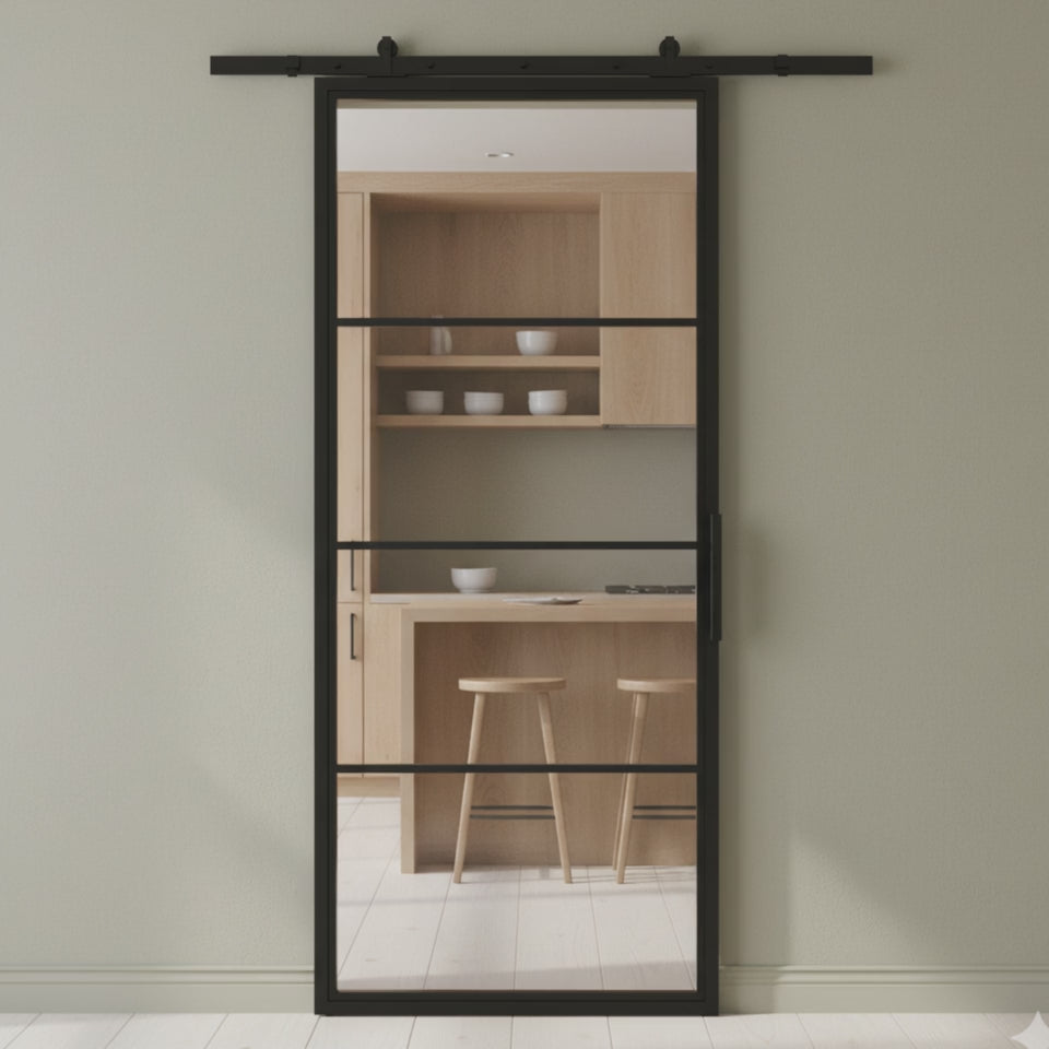 4 Lite Interior Steel French Barn Door Frosted Glass
