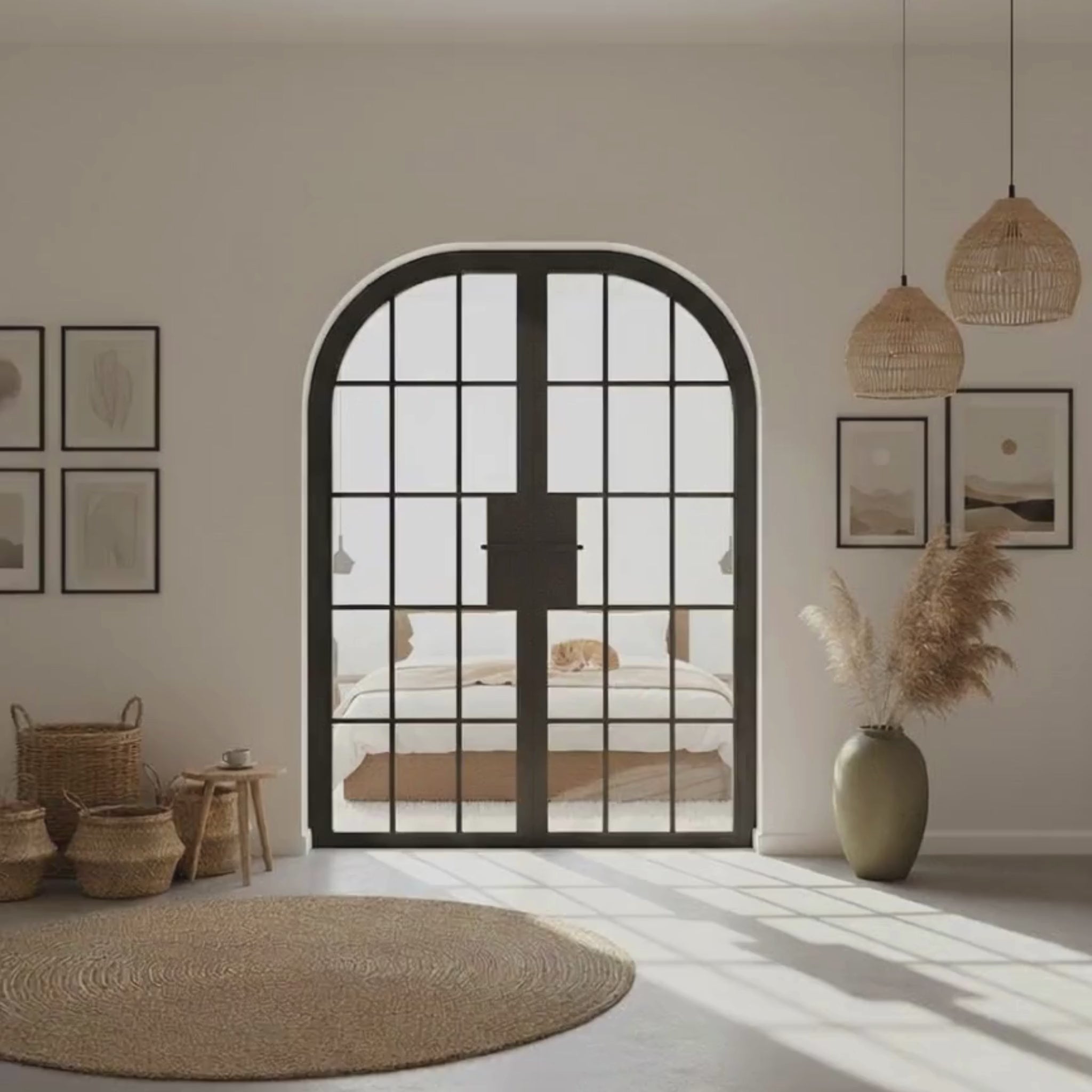 15 Lite Interior Steel Round Top French Double Door