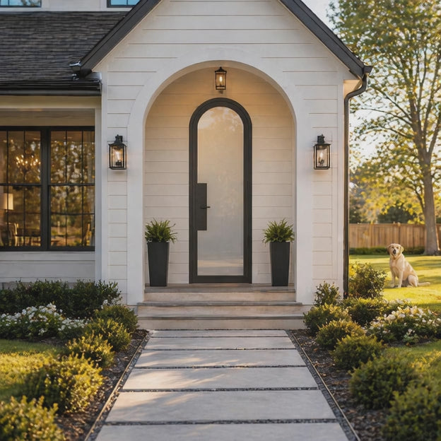 Full Lite Arched Single Front Door - steel and glass front door animated view - Alpada Doors