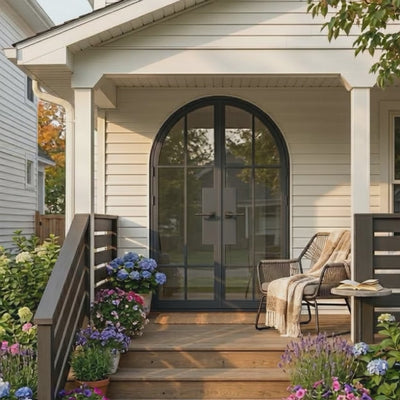 6 Lite French Round Top Double Front Door - steel and glass front door animated view - Alpada Doors