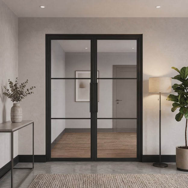 3 Lite Interior Steel French Double Door Clear Glass Tall Pull Handle