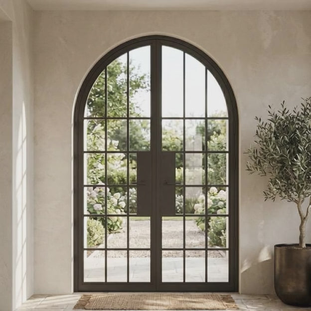 18 Lite Round Top Double Front Door - steel and glass front door animated view - Alpada Doors