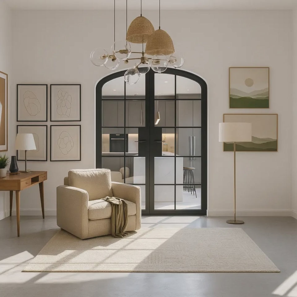 10 Lite Interior Steel Round Top French Double Door