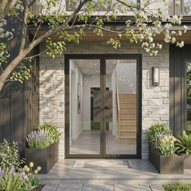 Full Lite Entryway Steel Double Door - AlpadaDoors - Exterior double swing door
