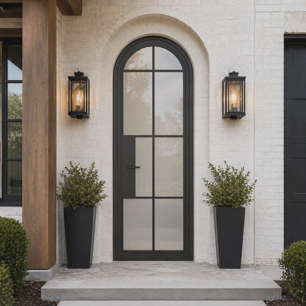 8 Lite Arched Single Front Door - steel and glass front door animated view - Alpada Doors