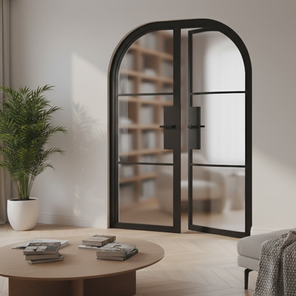 3 Lite Interior Steel Round Top French Double Door