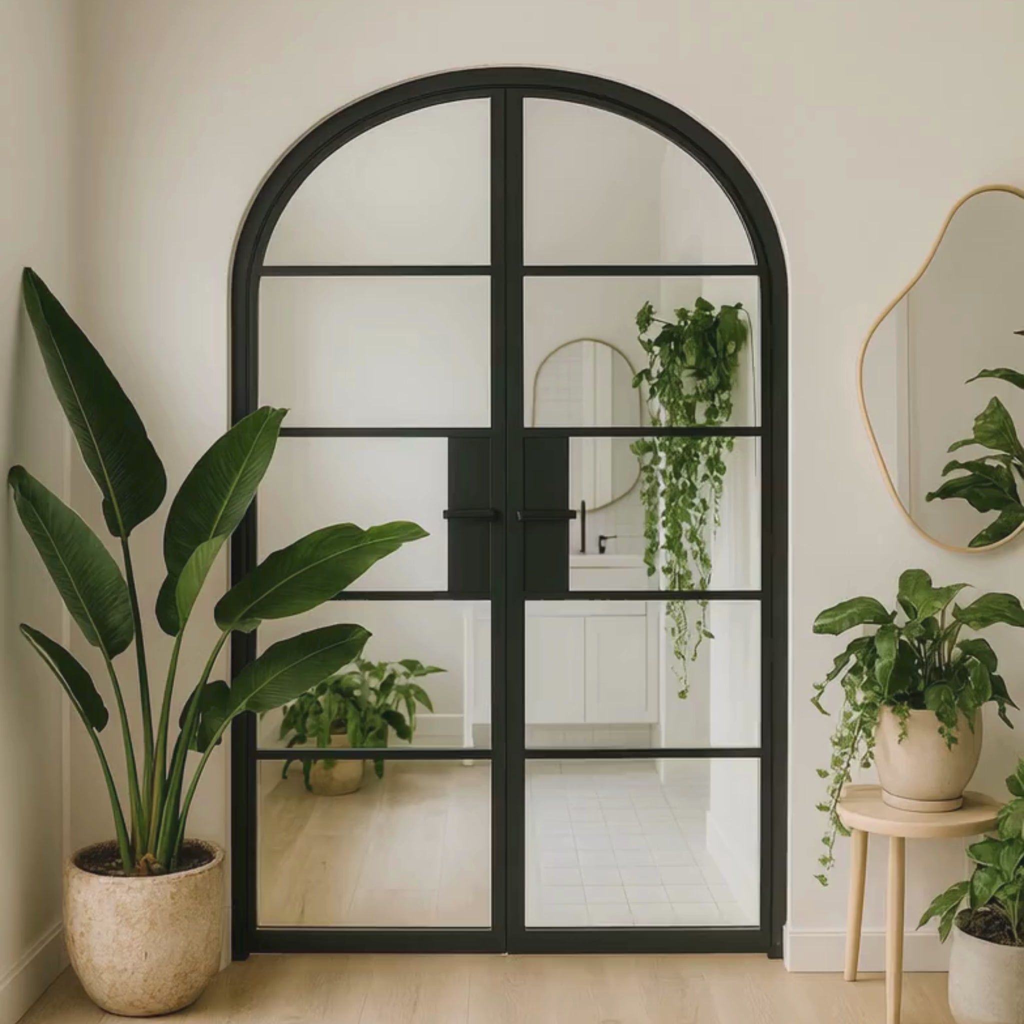 5 Lite Interior Steel Round Top French Double Door