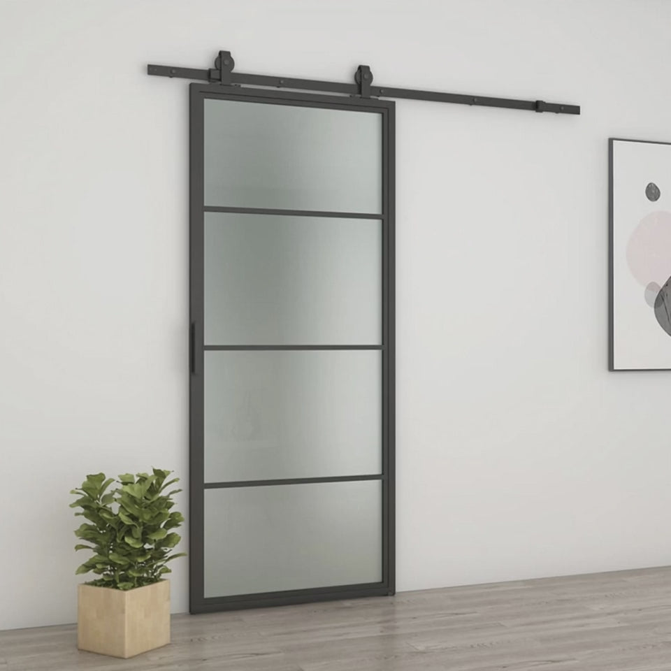 4 Lite Interior Steel French Barn Door Frosted Glass