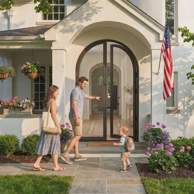 Full Lite Round Top Double Front Door - steel and glass front door animated view - Alpada Doors