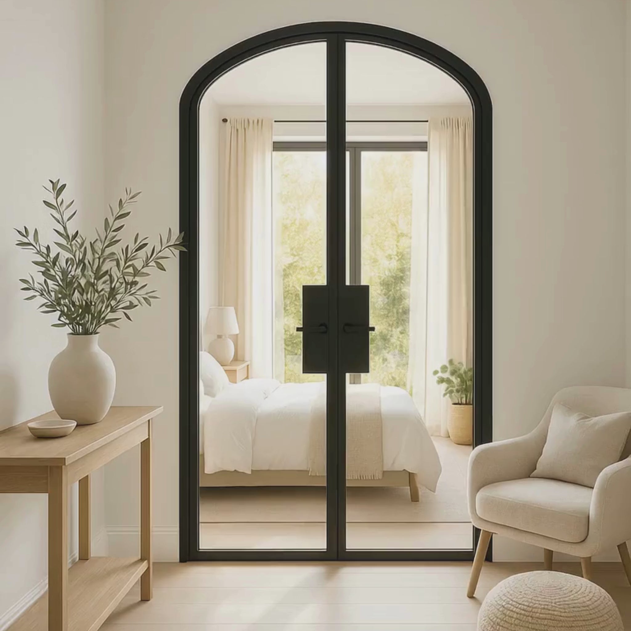 Full Lite Interior Steel Round Top French Double Door