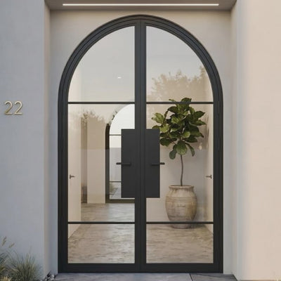 3 Lite Round Top Double Front Door - steel and glass front door animated view - Alpada Doors