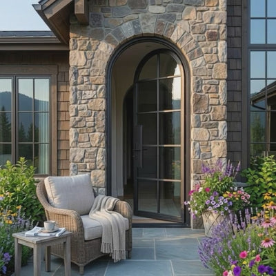 10 Lite Round Top Single Front Door - steel and glass front door animated view - Alpada Doors