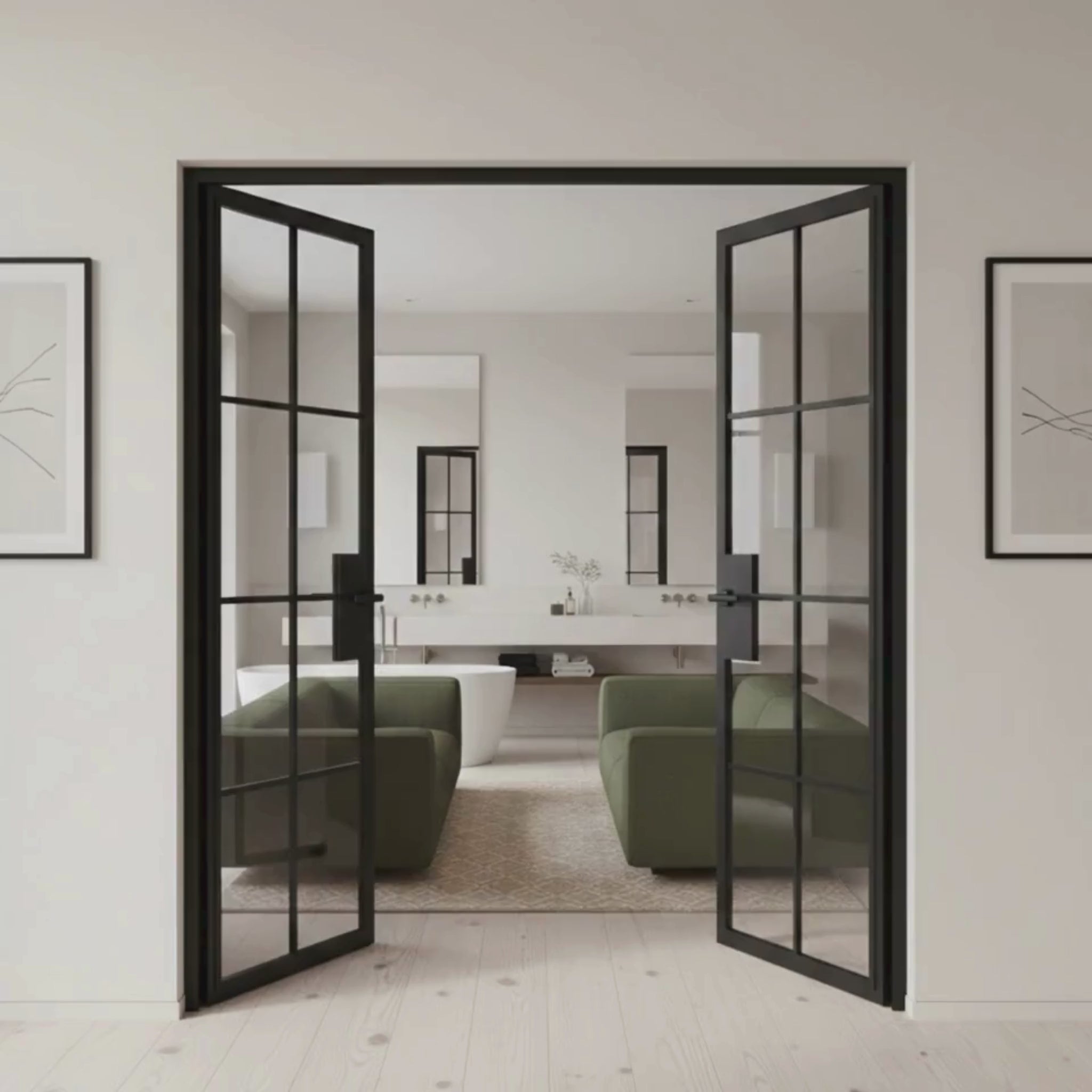 8 Lite Interior Steel French Double Door Clear Glass